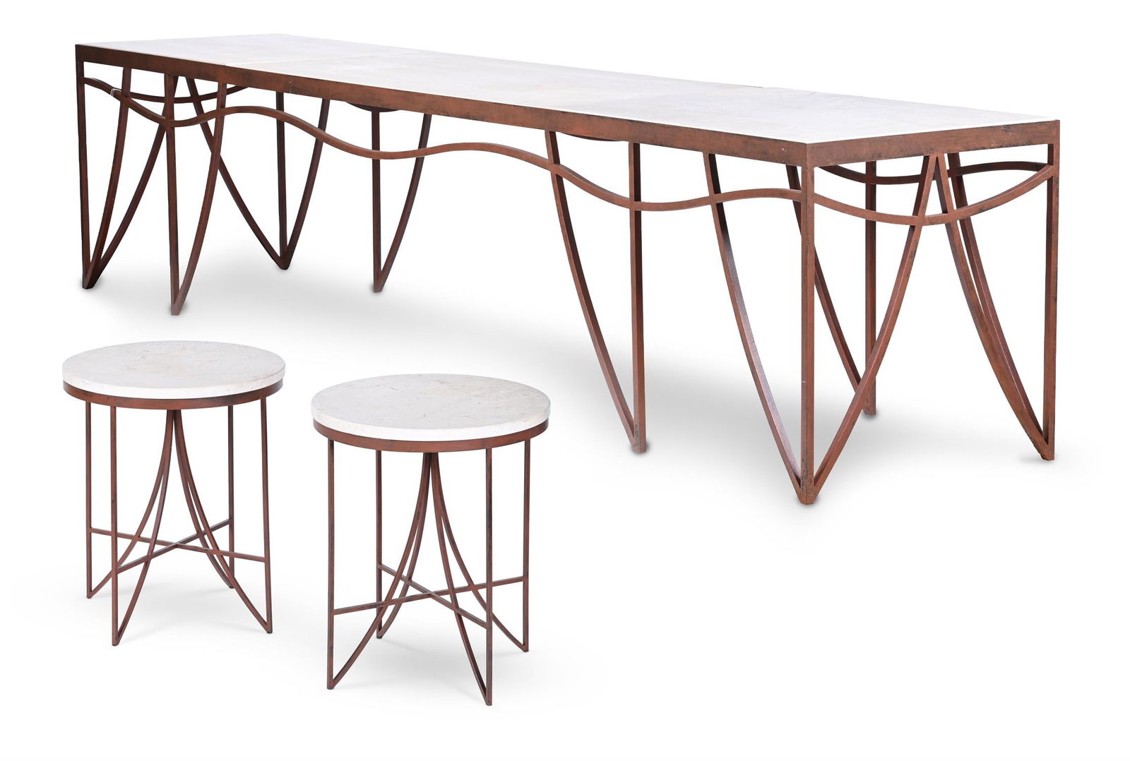 MODERN, LONG CONSOLE TABLE: LATE 20TH/ EARLY 21ST CENTURY: MODERNLONG CONSOLE TABLE: LATE 20TH/ EARLY 21ST CENTURYWrought patinated metal, marble top 75cm high, 350cm wide, 60cm deepTogether with a pair of smaller matching side tables70.5cm high, 60cm wide