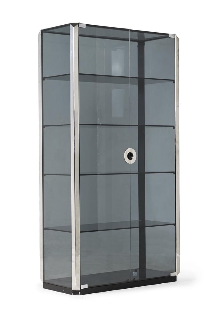 WILLY RIZZO (ITALIAN, 1928-2013), ATTRIBUTED; CABINET FOR MARIO SABOT; SECOND HALF 20TH CENTURY: WILLY RIZZO (ITALIAN, 1928-2013) ATTRIBUTEDCABINET FOR MARIO SABOT; SECOND HALF 20TH CENTURYSmoked black glass, polished stainless steel handles and edgesPaper label to underside of interior base 'MAD