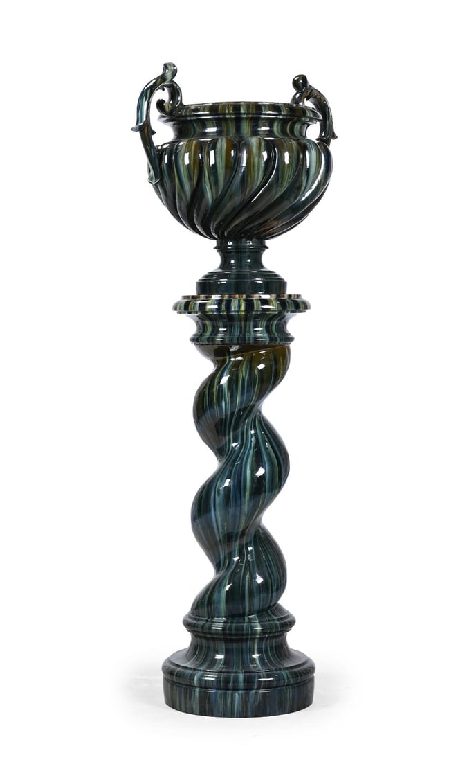 JÉRÔME MASSIER (FRENCH, 1850-1916) ATTRIBUTED, JARDINIÈRE AND STAND; EARLY 20TH: JÉRÔME MASSIER (FRENCH, 1850-1916) ATTRIBUTEDJARDINIÈRE AND STAND; EARLY 20TH CENTURYCeramic, streaked emerald, jade and turquoise glazesStand: 137cm highJardinière: 75cm high