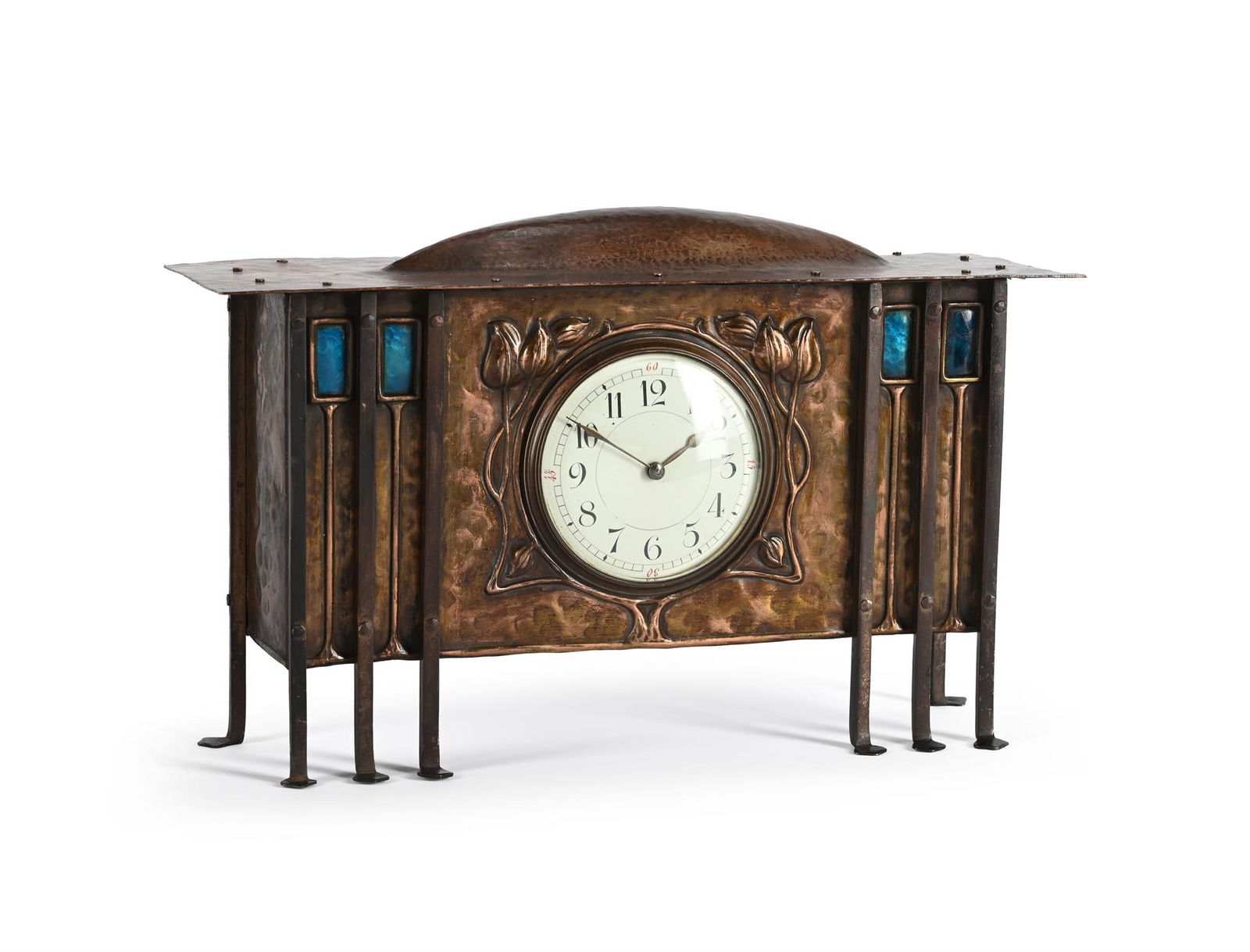GEORGE WALTON (1867-1933), ATTRIBUTED; MANTEL TIMEPIECE, CIRCA 1900: GEORGE WALTON (1867-1933), ATTRIBUTEDMANTEL TIMEPIECE, CIRCA 1900Copper and enamelLikely made by Goodyers, London21cm high, 33.5cm wide, 11cm deep