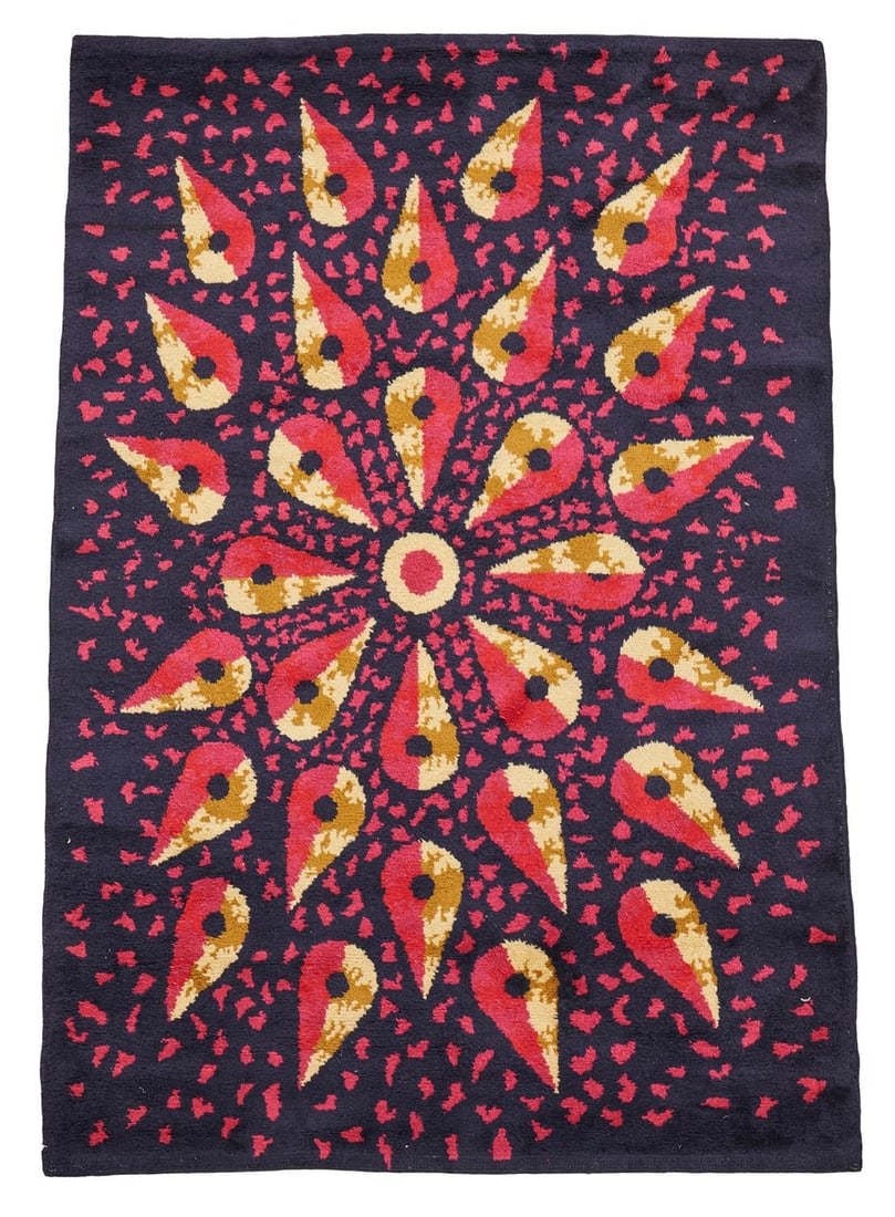 JEAN PICART LE DOUX (FRENCH, 1902-1982), RUG; SECOND HALF 20TH CENTURY: JEAN PICART LE DOUX (FRENCH, 1902-1982)RUG; SECOND HALF 20TH CENTURYDeep purple wool with radiating patterning in pink, yellow and blackSigned in weave to verso 'JEAN PICART LE DOUX'234cm x 166cmProve