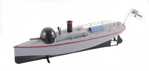 A Bing tinplate gun boat, with a clockwork motor,: A Bing tinplate gun boat, with a clockwork motor, restored in battleship grey, with principally black and red details, 37.5cm long.