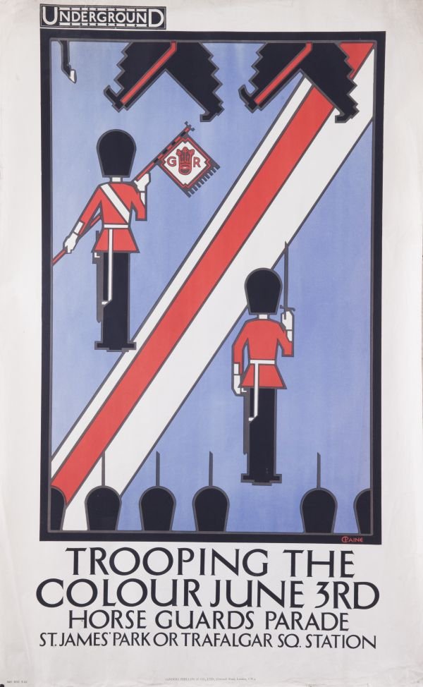 A London Underground poster, 'Trooping the Colour: A London Underground poster, 'Trooping the Colour / June 3rd / Horse Guards Parade / St. James' Park or Trafalgar Sq. Station', 1922, by Charles Paine (1895-1967), with print code '395 500 5.22' lower