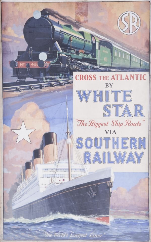 An original gouache artwork design, for a Southern: An original gouache artwork design, for a Southern Railway / White Star Line poster, 'Cross the Atlantic by White Star / "The Biggest Ship Route" / via Southern Railway', by William McDowell (1888-195