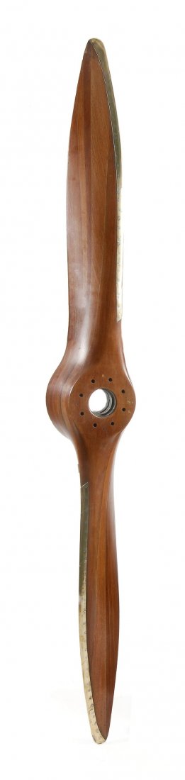A 1930s laminated mahogany two-tone two-blade prop: A 1930s laminated mahogany two-tone two-blade propeller, the boss indistinctly stamped 'DRG NO AFTS 72685/4 GIPSY V1 LH', and further stamped with date '11 May 1936' and other indistinct markings, 80 