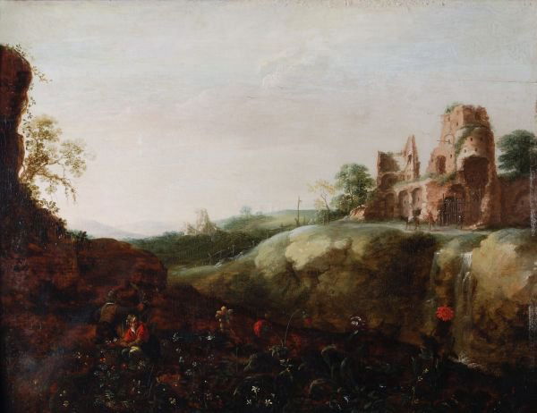 Circle of Matthias WithoosPeasants gardening in an: Circle of Matthias Withoos Peasants gardening in an extensive landscape with a waterfall, ruins beyond Oil on panel25 x 32.5cm (9 3/4 x 12 3/4 in)