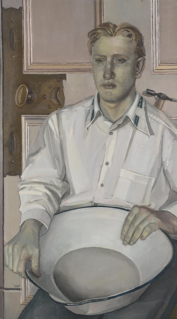 λ ALISON WATT (SCOTTISH B. 1965), PORTRAIT OF SIMON POLLI: λ ALISON WATT (SCOTTISH B. 1965)PORTRAIT OF SIMON POLLIOil on canvas Signed (lower left), titled and dated '89 to stretcher (verso)101.5 x 56cm (39¾ x 22 in.)Provenance:Private Collection, M