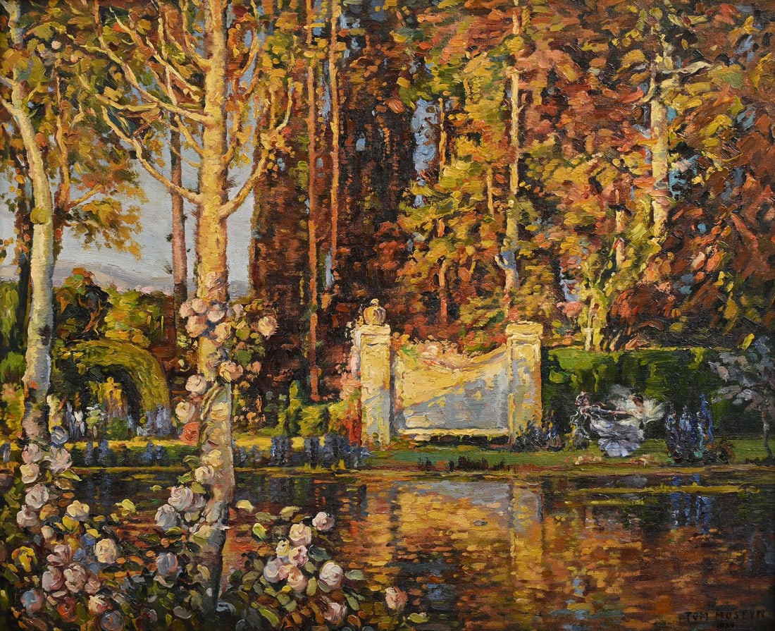 TOM MOSTYN (BRITISH 1864-1930), TWO FEMALE FIGURES DANCING IN A GARDEN LANDSCAPE (1 of 3)