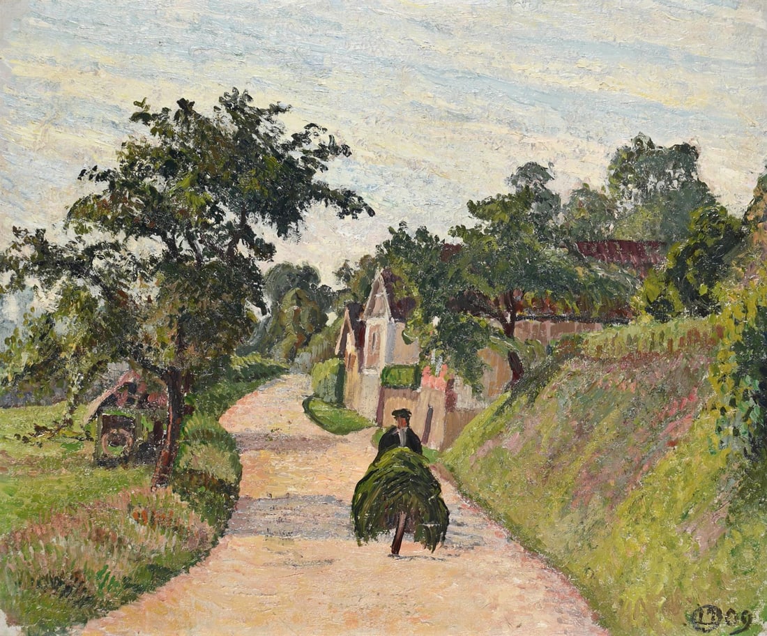 LUCIEN PISSARRO (FRENCH 1863-1944), ÉRAGNY, LA ROUTE GISORS A BAZINCOURT, NORMANDY: LUCIEN PISSARRO (FRENCH 1863-1944)ÉRAGNY, LA ROUTE GISORS A BAZINCOURT, NORMANDYOil on canvas Signed with monogram and dated 09 (lower right) 46 x 55cm (18 x 21½ in.)Provenance:Dr. Ruth Bens