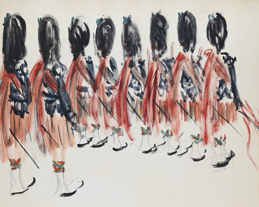 λ PAUL LUCIEN MAZE (FRENCH/BRITISH 1887-1979), PIPERS OF THE SCOTS GUARDS: λ PAUL LUCIEN MAZE (FRENCH/BRITISH 1887-1979)PIPERS OF THE SCOTS GUARDS Watercolour and pencil 47 x 59.5cm (18½ x 23¼ in.)Provenance:Sale, Lyon & Turnbull, Edinburgh, Paintings & Works