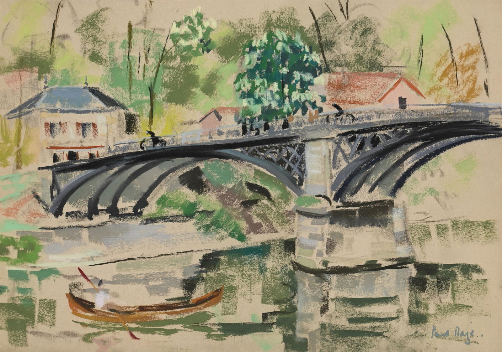 λ PAUL MAZE (BRITISH 1887-1979), BOATING UNDER THE BRIDGE: λ PAUL MAZE (BRITISH 1887-1979)BOATING UNDER THE BRIDGE Pastel on buff paperSigned (lower right)37 x 54.5cm (14½ x 21¼ in.)Provenance:Tim Rootes and the late Obby Waller, Barton Hill Ho