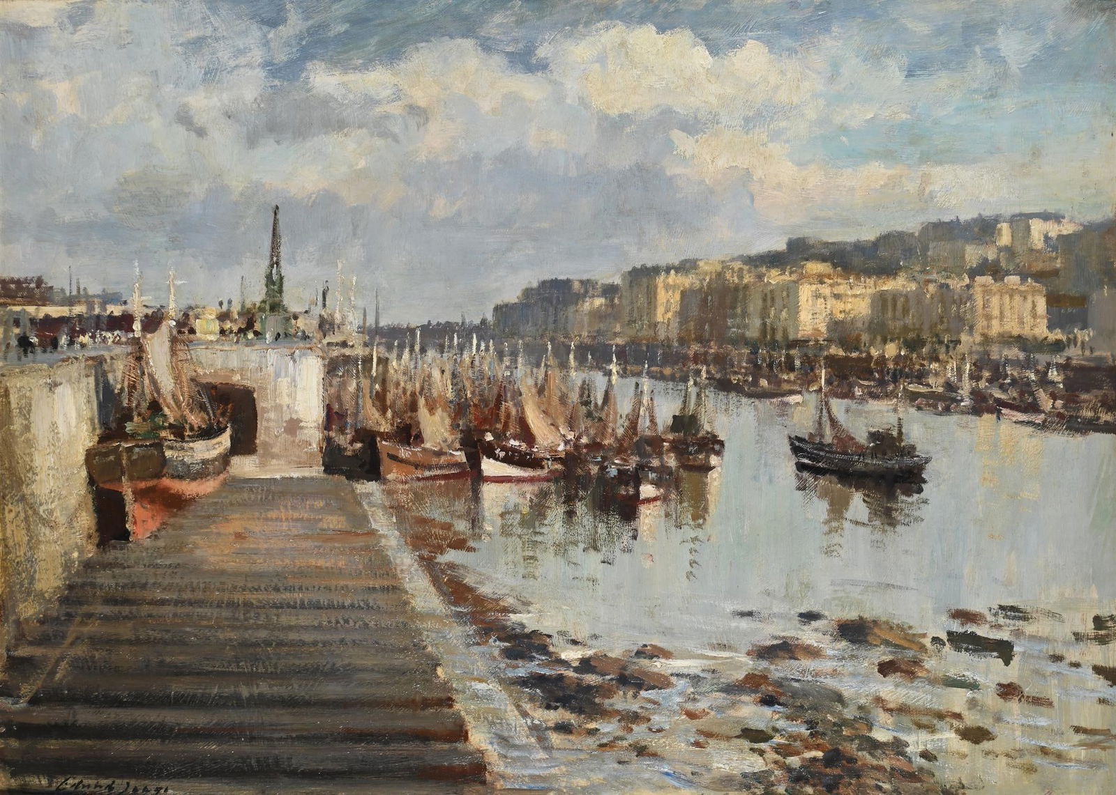 λ EDWARD SEAGO (BRITISH 1910-1974), BOULOGNE HARBOUR: λ EDWARD SEAGO (BRITISH 1910-1974)BOULOGNE HARBOUROil on boardSigned (lower left); titled (verso)66.5 x 91.5cm (26 x 36 in.)Provenance:Colnaghi Gallery, London λ indicates that this lot may