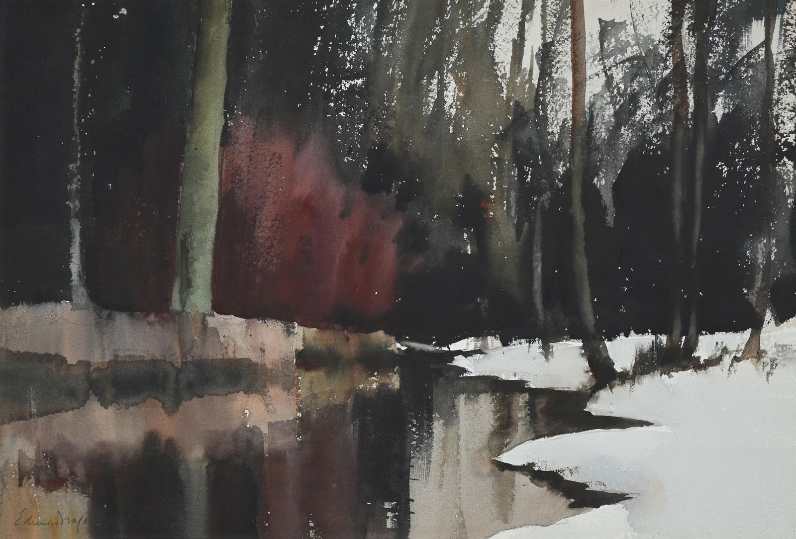 λ EDWARD SEAGO (BRITISH 1910-1974), THE POOL, WINTER: λ EDWARD SEAGO (BRITISH 1910-1974)THE POOL, WINTER WatercolourSigned (lower left)32.5 x 50cm (12¾ x 19½ in.)Provenance: Marlborough Fine Art, LondonExhibited: London, Marlborough Fine A