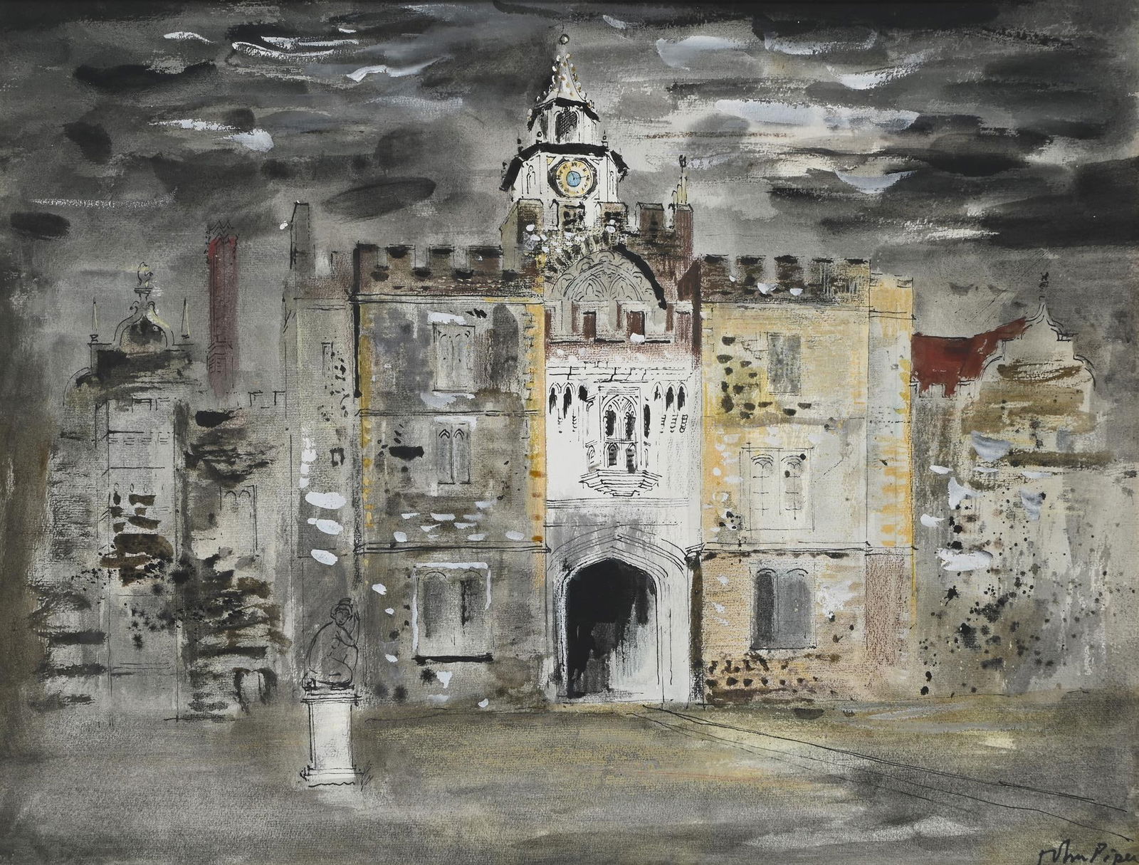 λ JOHN PIPER (BRITISH 1903-1992), THE GATEWAY, KNOLE: λ JOHN PIPER (BRITISH 1903-1992)THE GATEWAY, KNOLE Watercolour and ink, heightened with white Signed (lower right)40 x 53.5cm (15½ x 21 in.)Provenance:Edward Sackville-West, Private Collecti
