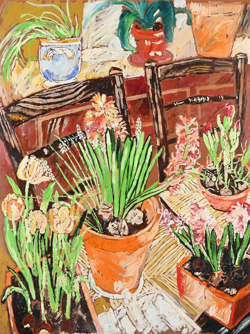 λ JOHN BRATBY (BRITISH 1928-1992), HYACINTHS IN POTS IN HOVE: λ JOHN BRATBY (BRITISH 1928-1992)HYACINTHS IN POTS IN HOVE Acrylic on board Signed (lower centre)121.5 x 90.5cm (47¾ x 35½ in.)Provenance:Century Gallery, LondonPrivate Collection, UK,