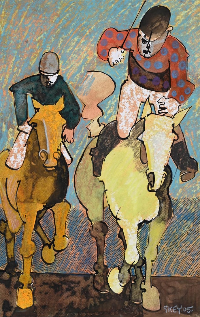 λ GEOFFREY KEY (BRITISH B. 1941), THE RACE: λ GEOFFREY KEY (BRITISH B. 1941)THE RACE Crayon, watercolour and ink Signed and dated 05 (lower right)45 x 27cm (17½ x 10½ in.) λ indicates that this lot may be subject to Droit de