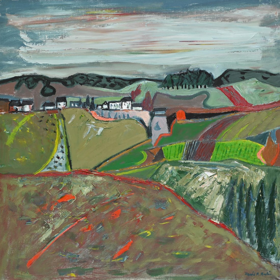 λ DAVID MARTIN (BRITISH 1922-2018), GLENFARG HILLSIDE: λ DAVID MARTIN (BRITISH 1922-2018)GLENFARG HILLSIDEOil on canvasSigned (lower right); further signed and dated 1998 (verso)61 x 61cm (24 x 24 in.) λ indicates that this lot may be subject to