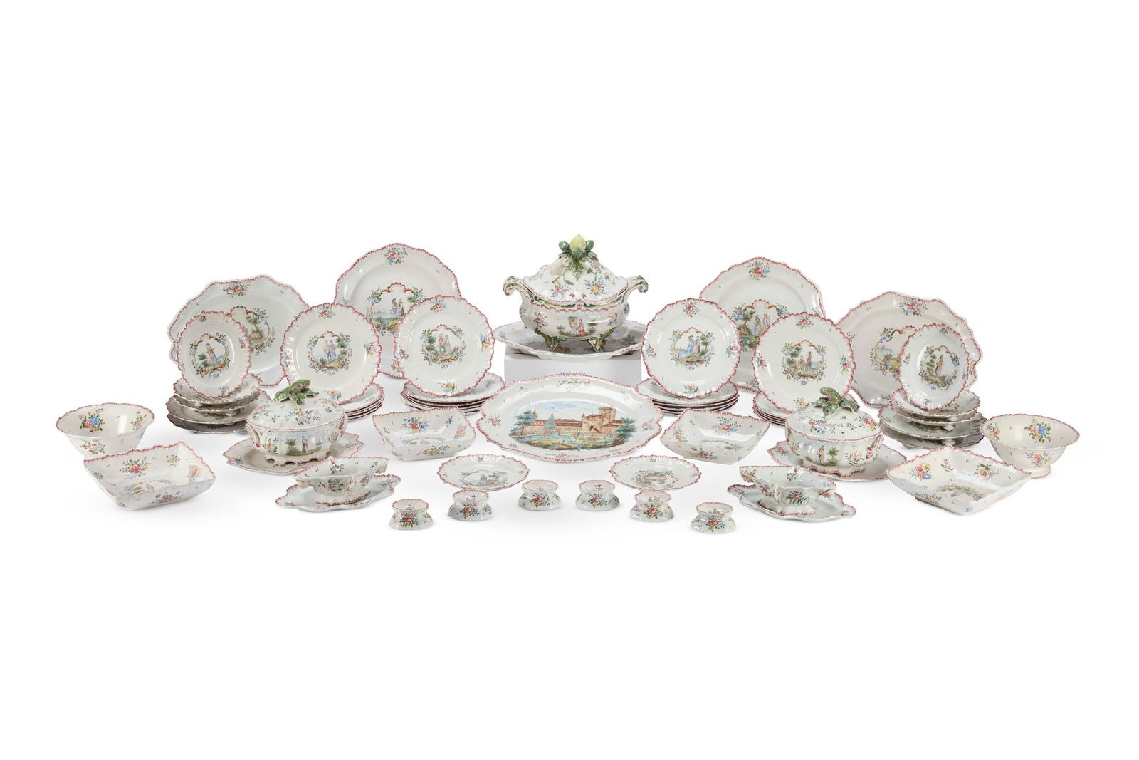 A FRENCH FAYENCE PART DINNER SERVICE FOR THE SWISS MARKET, LATE 19TH CENTURY: A FAYENCE PART DINNER SERVICE FOR THE SWISS MARKETFRENCH, LATE 19TH CENTURYEach piece decorated with Swiss figures and titled landscapes comprising:two dinner plates, 27.5cm diameter, twenty breakfast
