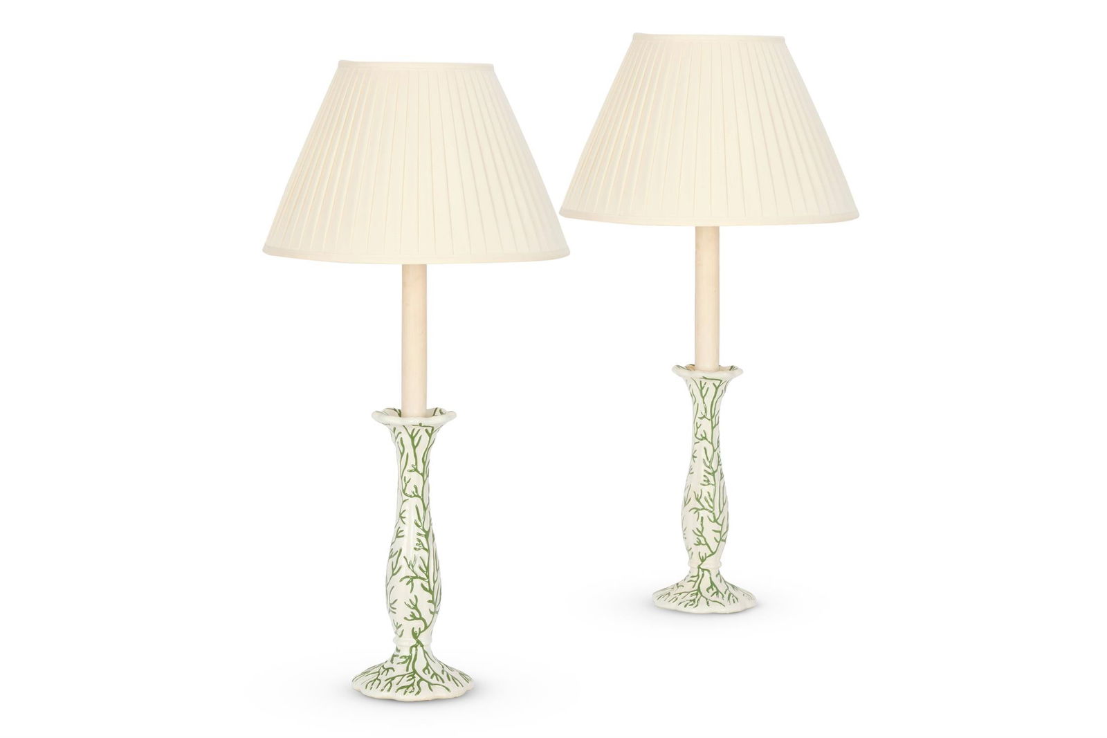 A PAIR OF 'SEAWEED' LAMPS BY COLEFAX & FOWLER: A PAIR OF 'SEAWEED' LAMPSBY COLEFAX & FOWLERCream glazed ceramic, painted with a green seaweed design 64.5cm high (including fabric shades)