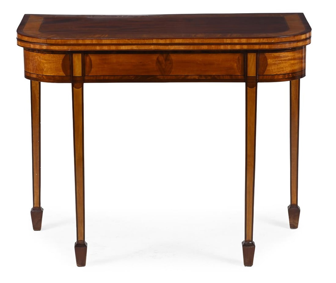 Y A GEORGE III MAHOGANY, SATINWOOD CROSSBANDED EBONY STRUNG TEA TABLE, CIRCA 1800: Y A GEORGE III MAHOGANY, SATINWOOD CROSSBA
