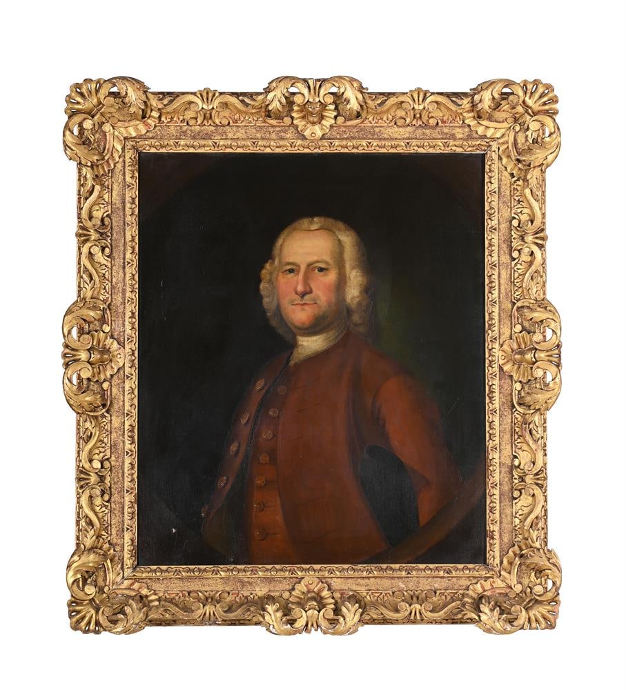 FOLLOWER OF THOMAS HUDSON, PORTRAIT OF A GENTLEMAN IN A RED COAT: FOLLOWER OF THOMAS HUDSON PORTRAIT O