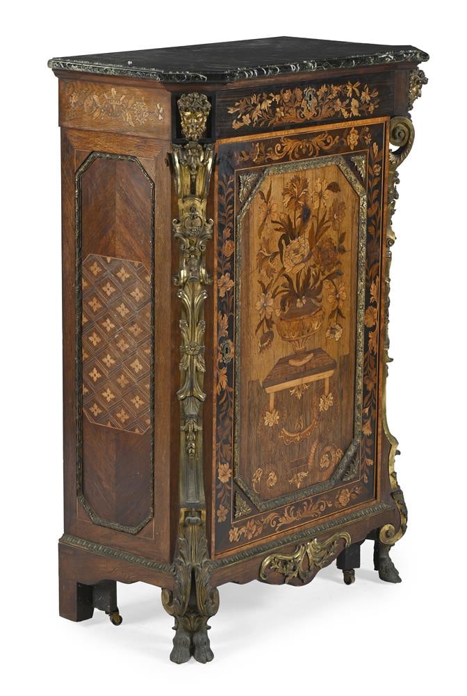 Y AN EBONY, TULIPWOOD, MARQUETRY AND ORMOLU MOUNTED SIDE CABINET, ATTRIBUTED TO EDWARD HOLMES BALDOC: Y AN EBONY, TULIPWOOD, FLORAL MARQUETRY AND ORMOLU MOUN