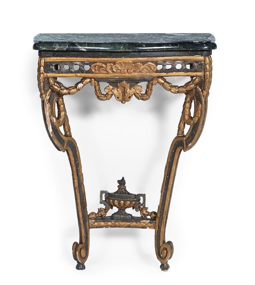 AN ITALIAN CARVED GILTWOOD AND PAINTED SERPENTINE CONSOLE TABLE, LATE 18TH OR EARLY 19TH CENTURY: AN ITALIAN CARVED GILTWOOD AND PAINTED SERPENTINE CONSOLE TABLE