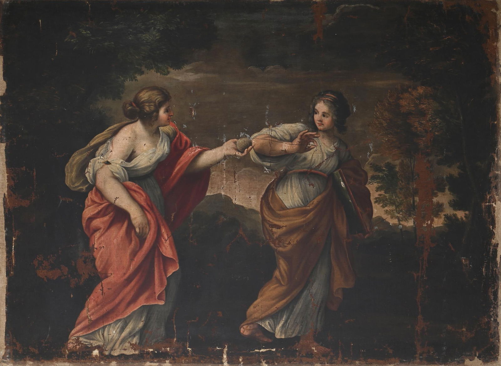 FOLLOWER OF CIRO FERRI, TWO ALLEGORICAL FIGURES WITH A BALL OF STRING: FOLLOWER OF CIRO FERRITWO ALLEGORICAL FIGURES WITH A BALL OF STRINGOil on canvas99 x 136cm (38¾ x 53½ in.)