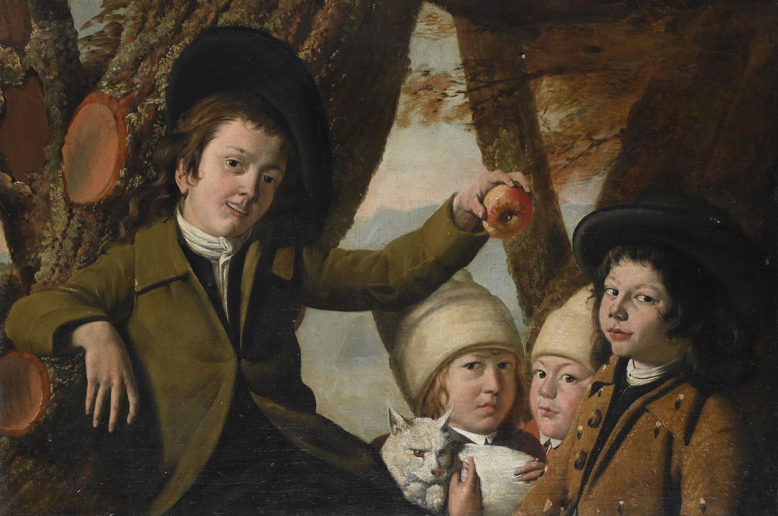 BRITISH SCHOOL (CIRCA 1800), GROUP PORTRAIT OF CHILDREN IN A WOOD: BRITISH SCHOOL (CIRCA 1800)GROUP PORTRAIT OF CHILDREN IN A WOODOil on canvas65 x 98cm (25½ x 38½ in.)
