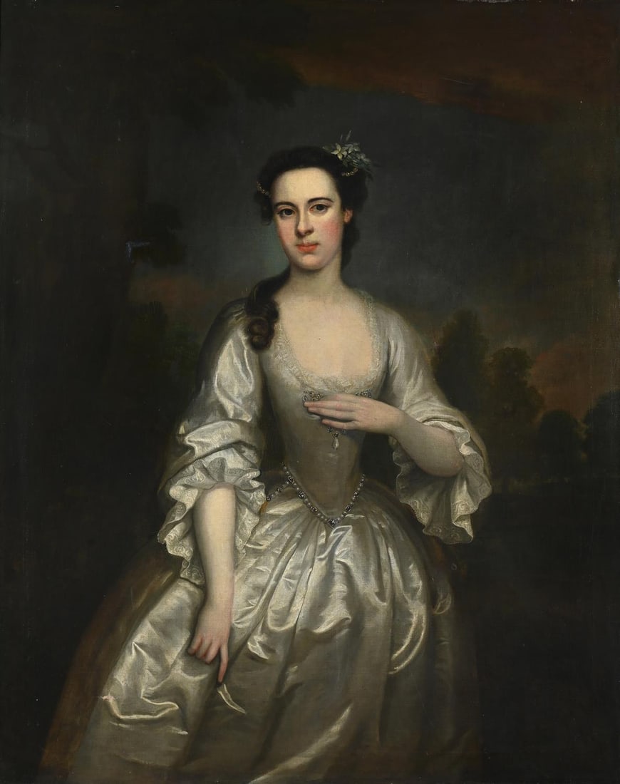 ATTRIBUTED TO THOMAS HUDSON (BRITISH 1701-1779)PORTRAIT OF ESTHER LAMBE (C.1708-1789) OF FAIRFORD P: ATTRIBUTED TO THOMAS HUDSON (BRITISH 1701-1779)PORTRAIT OF ESTHER LAMBE (C.1708-1789) OF FAIRFORD PARK, GLOUCESTERSHIREOil on canvas127 x 102.5cm (50 x 40¼ in.)Provenance:Fairford Park, Glouceste
