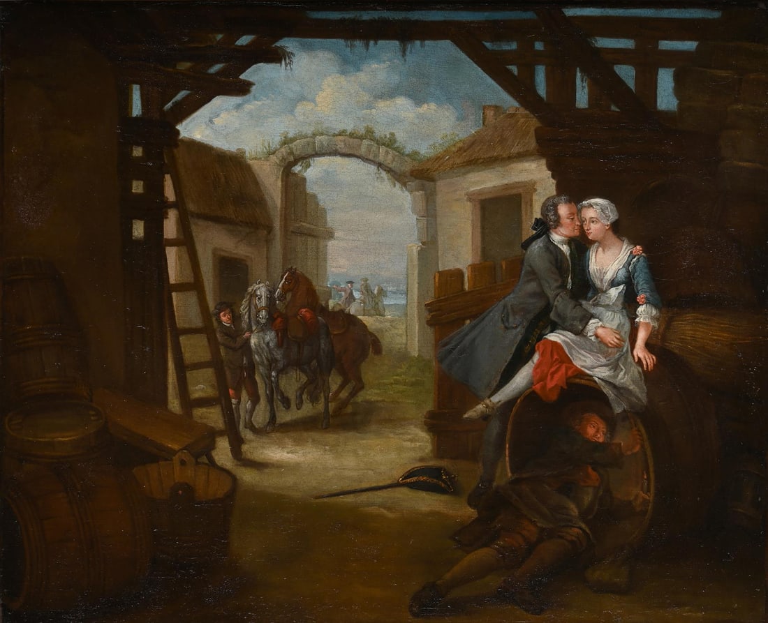 FOLLOWER OF WILLIAM HOGARTH, A COUPLE AT THE COOPER'S: FOLLOWER OF WILLIAM HOGARTHA COUPLE AT THE COOPER'SOil on canvas48.5 x 59.5cm (19 x 23¼ in.)