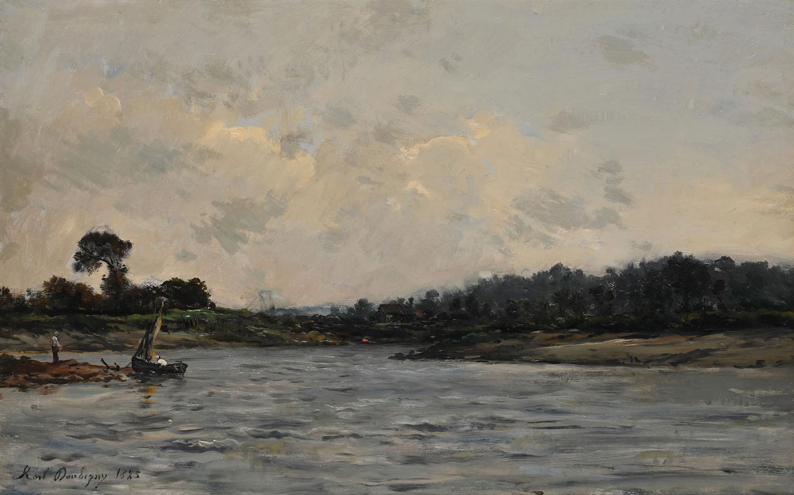 KARL PIERRE DAUBIGNY (FRENCH 1846 - 1886), SAILING BOAT ON A LAKE (1 of 3)