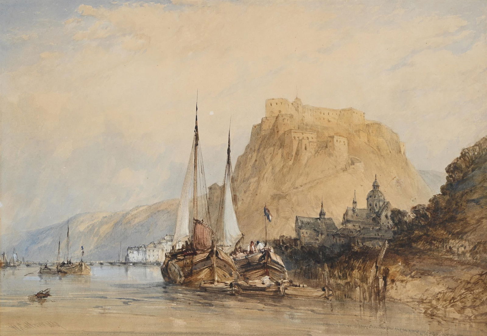 WILLIAM CALLOW (BRITISH 1812 - 1908), EHREN BREITSTEIN: WILLIAM CALLOW (BRITISH 1812 - 1908)EHREN BREITSTEINPen, ink and watercolour heightened with whiteSigned and dated '1847' (lower left)33 x 49cm (12 x 19¼ in.)