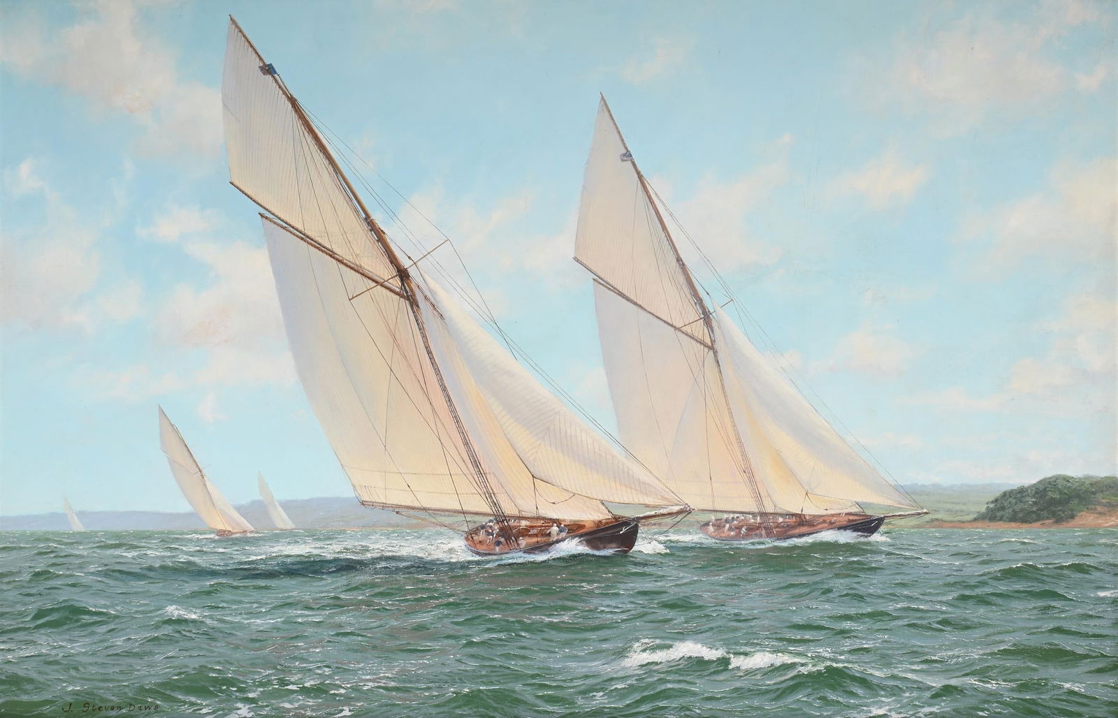λ JOHN STEVEN DEWS (BRITISH B. 1949), BRYNHILD RACING OFF COWES: λ JOHN STEVEN DEWS (BRITISH B. 1949)BRYNHILD RACING OFF COWESOil on canvasSigned (lower left)50.5 x 76.5cm (19¾ x 30 in.) λ indicates that this lot may be subject to Droit de Suite roya