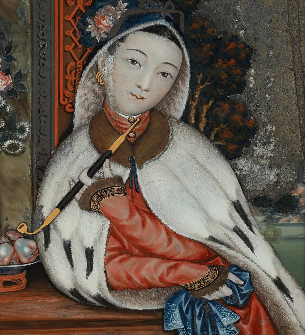 A Chinese reverse-painted glass picture of a lady