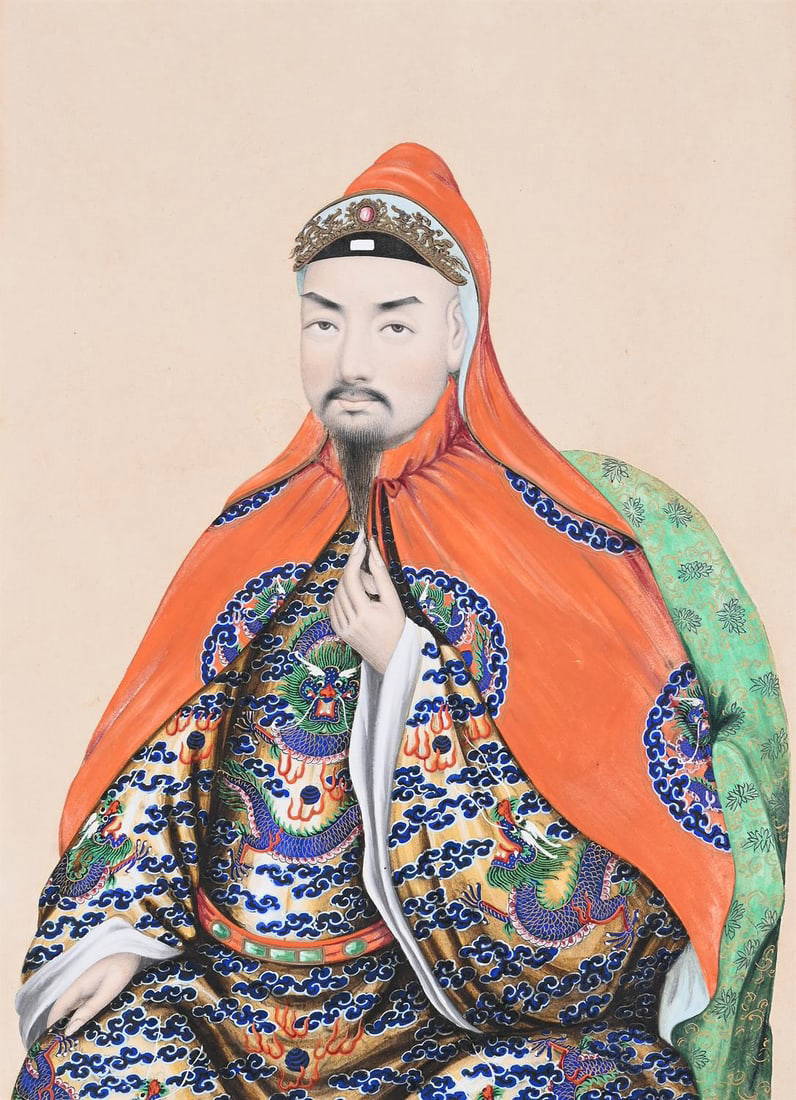 A Chinese watercolour painting of a seated Taiping military commander
