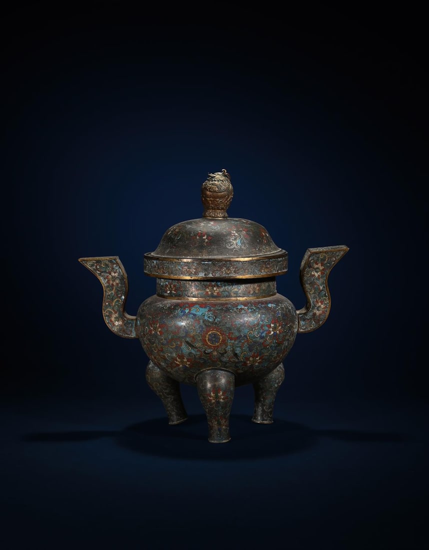 A large Chinese cloisonné enamel 'lotus' tripod censer and cover