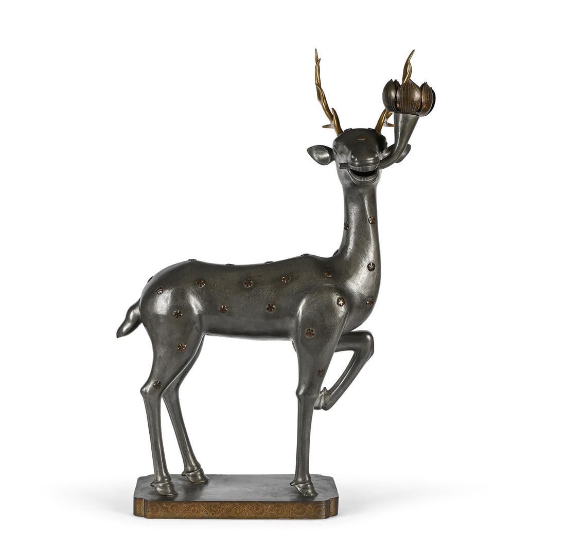A large Chinese pewter 'Deer' lamp stand