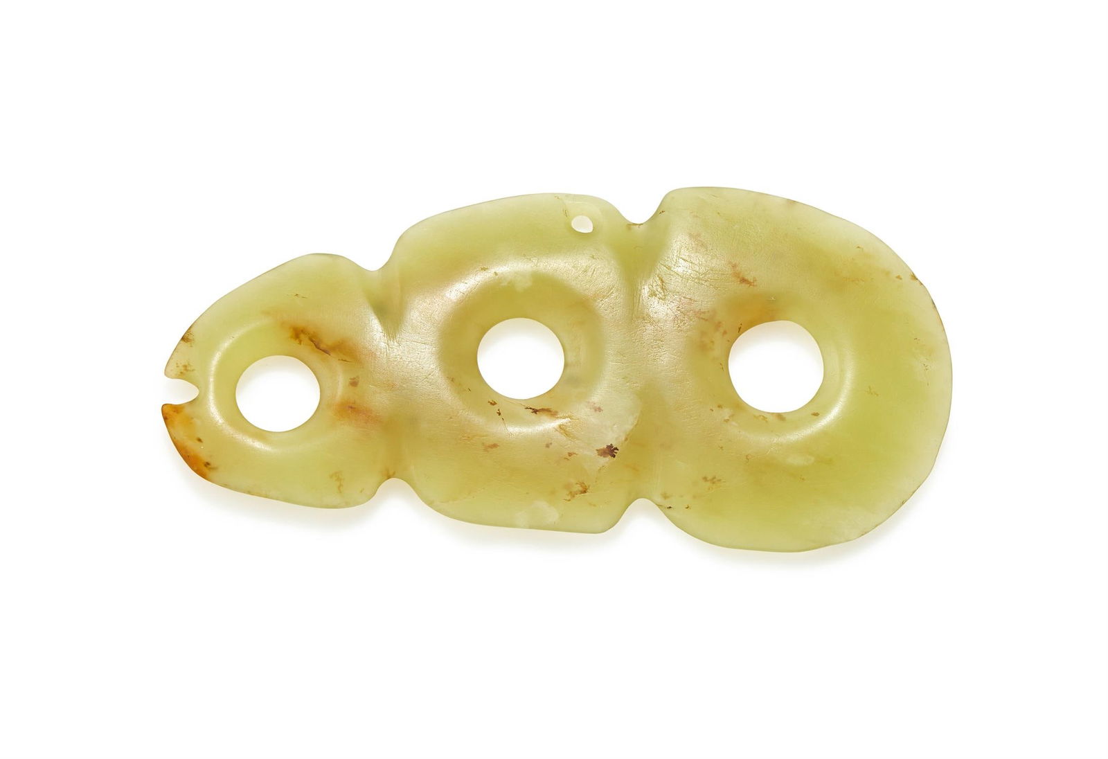 A Chinese yellowish celadon jade three-hole plaque (1 of 2)