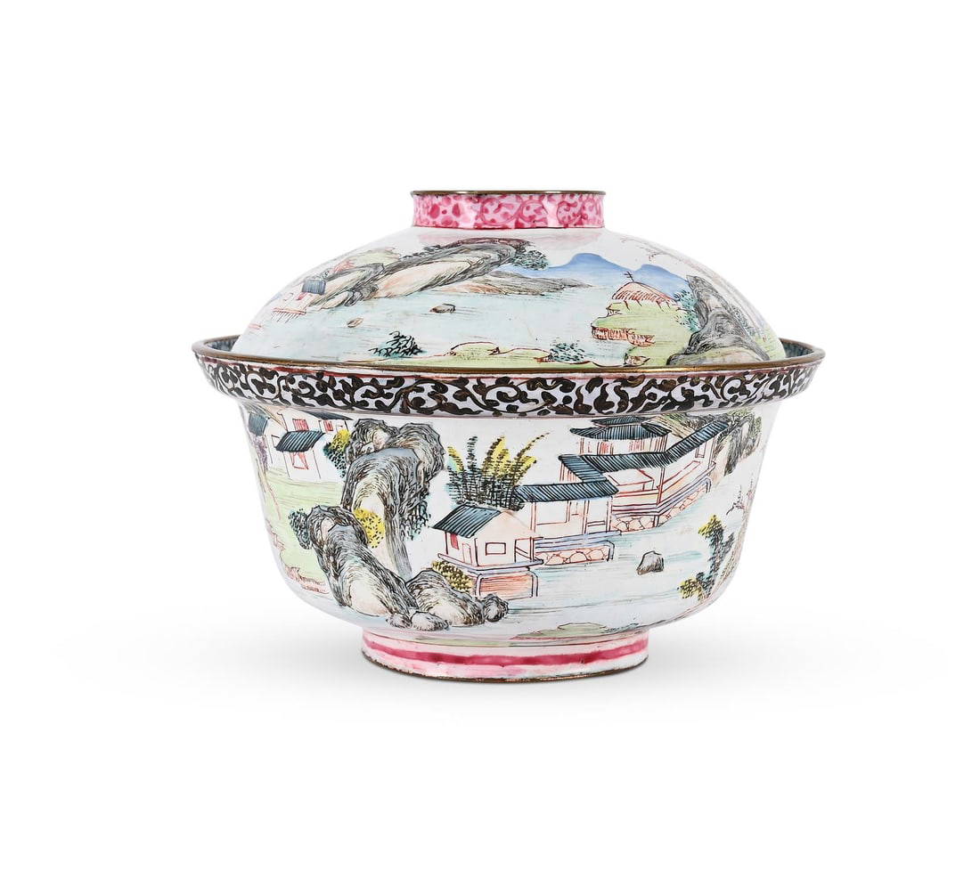 A Cantonese enamel bowl and cover