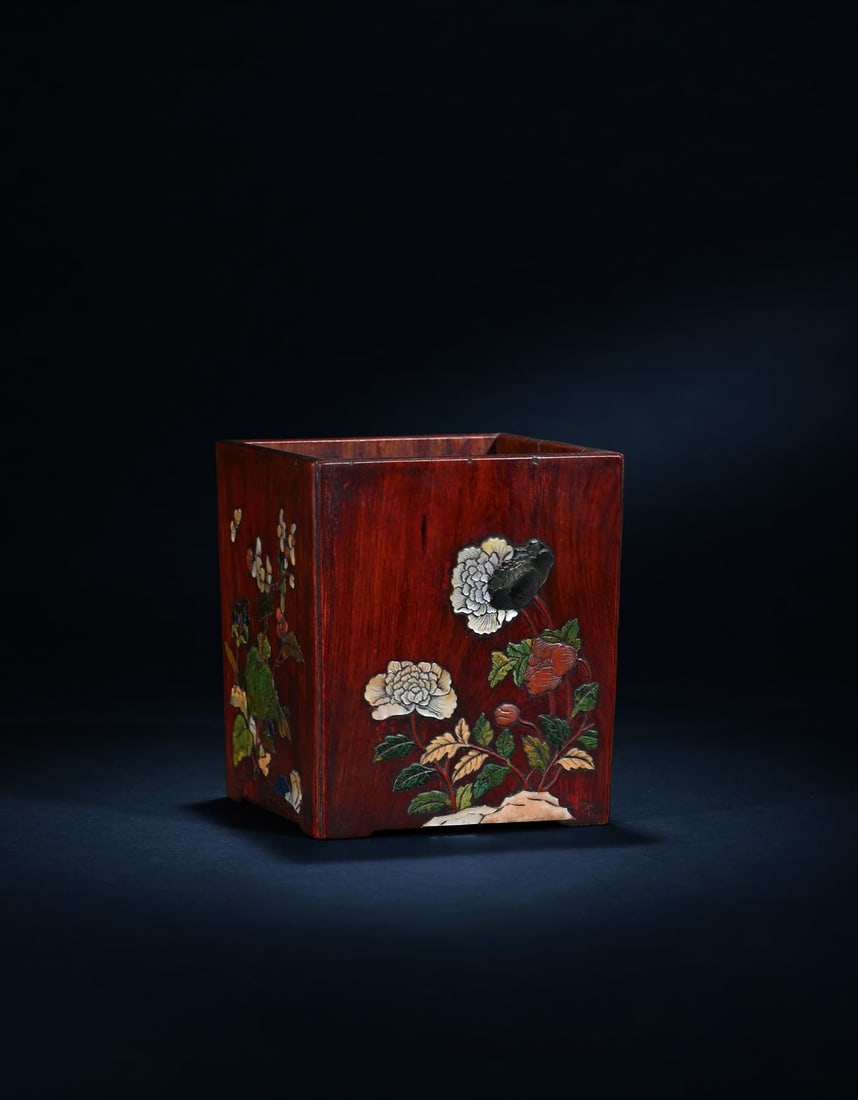Y A Chinese huanghuali inlaid brush pot: Y A Chinese huanghuali inlaid brush pot, bitong, 18th century, of square form, the finely inlaid with wood with rich patina, including; mother-of-pearl, coral, malachite, soapstone and lapis-lazuli to