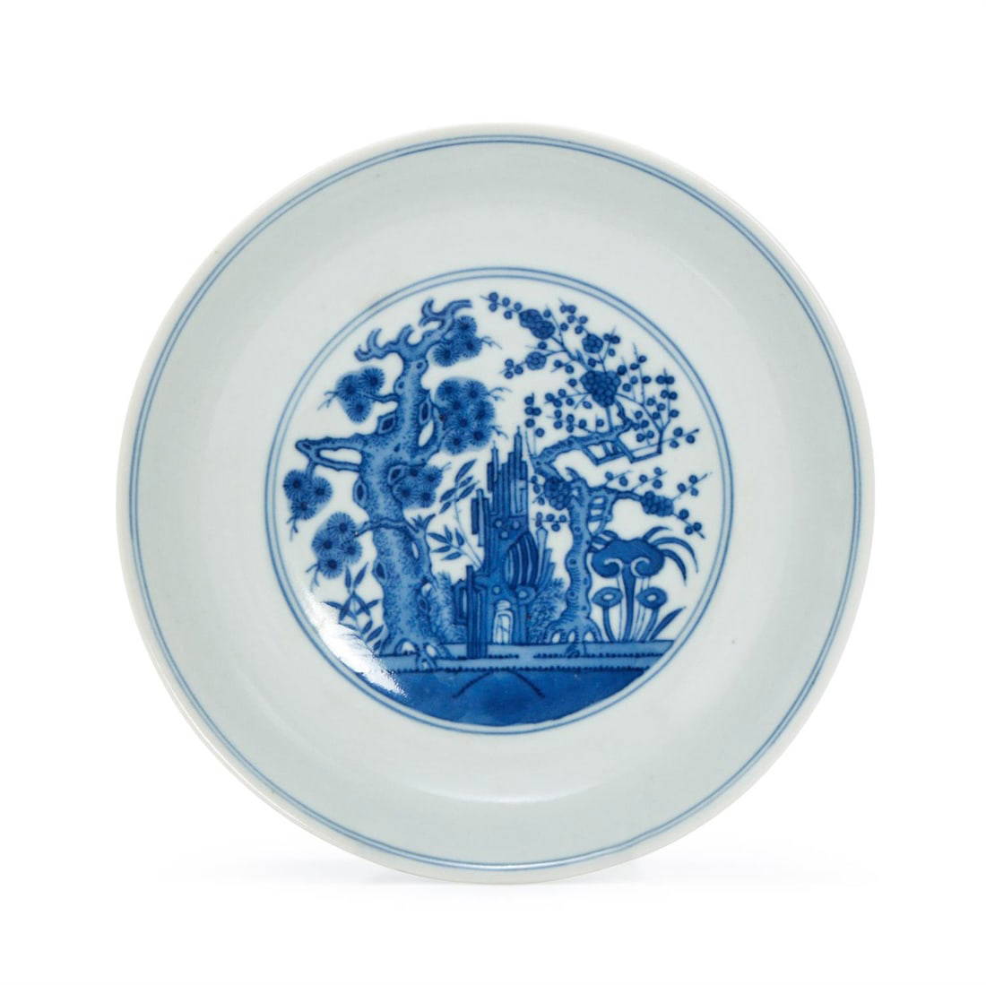 A Chinese blue and white 'Three Friends of Winter' dish