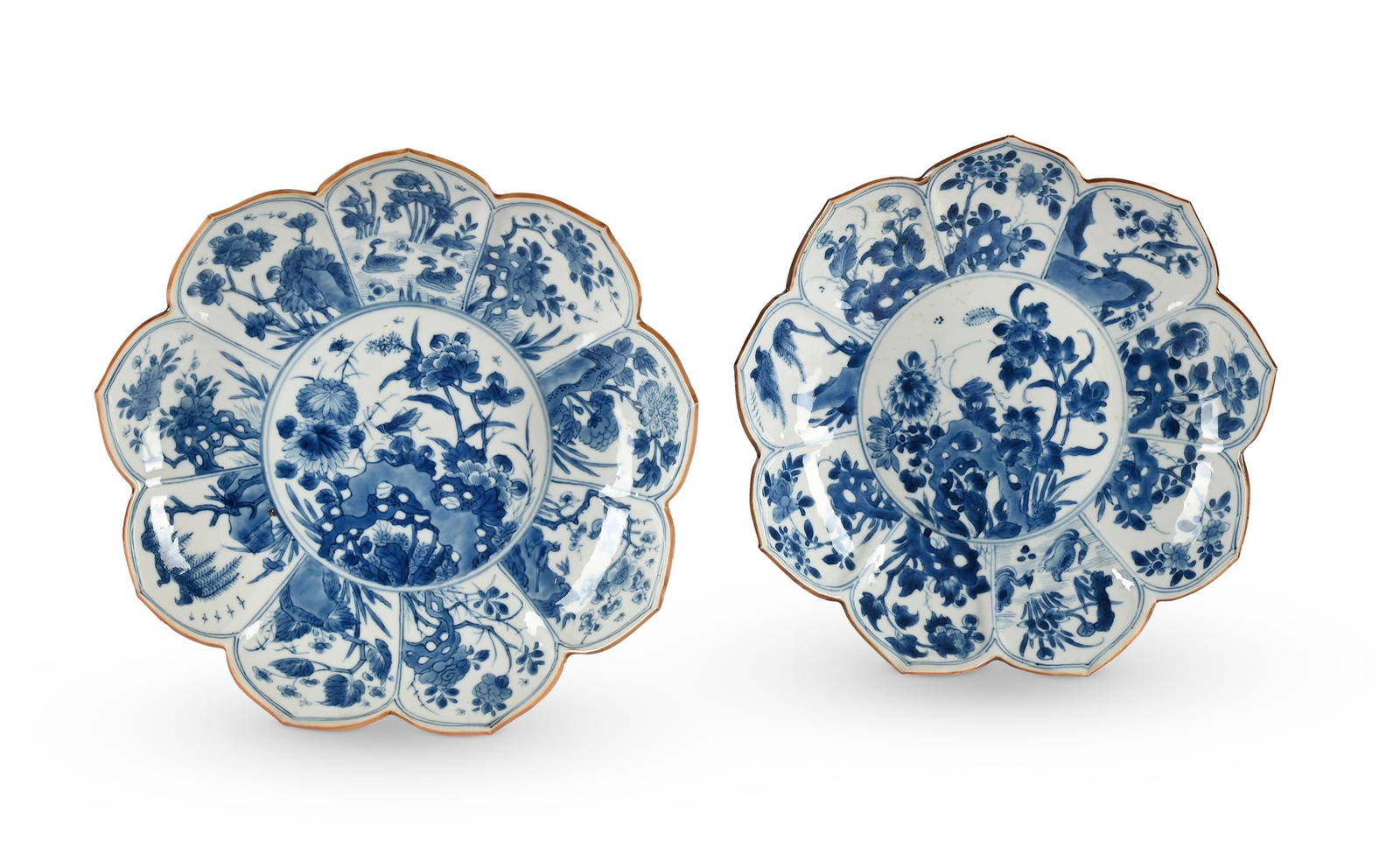 A fine pair of Chinese porcelain blue and white lotus-shaped plates