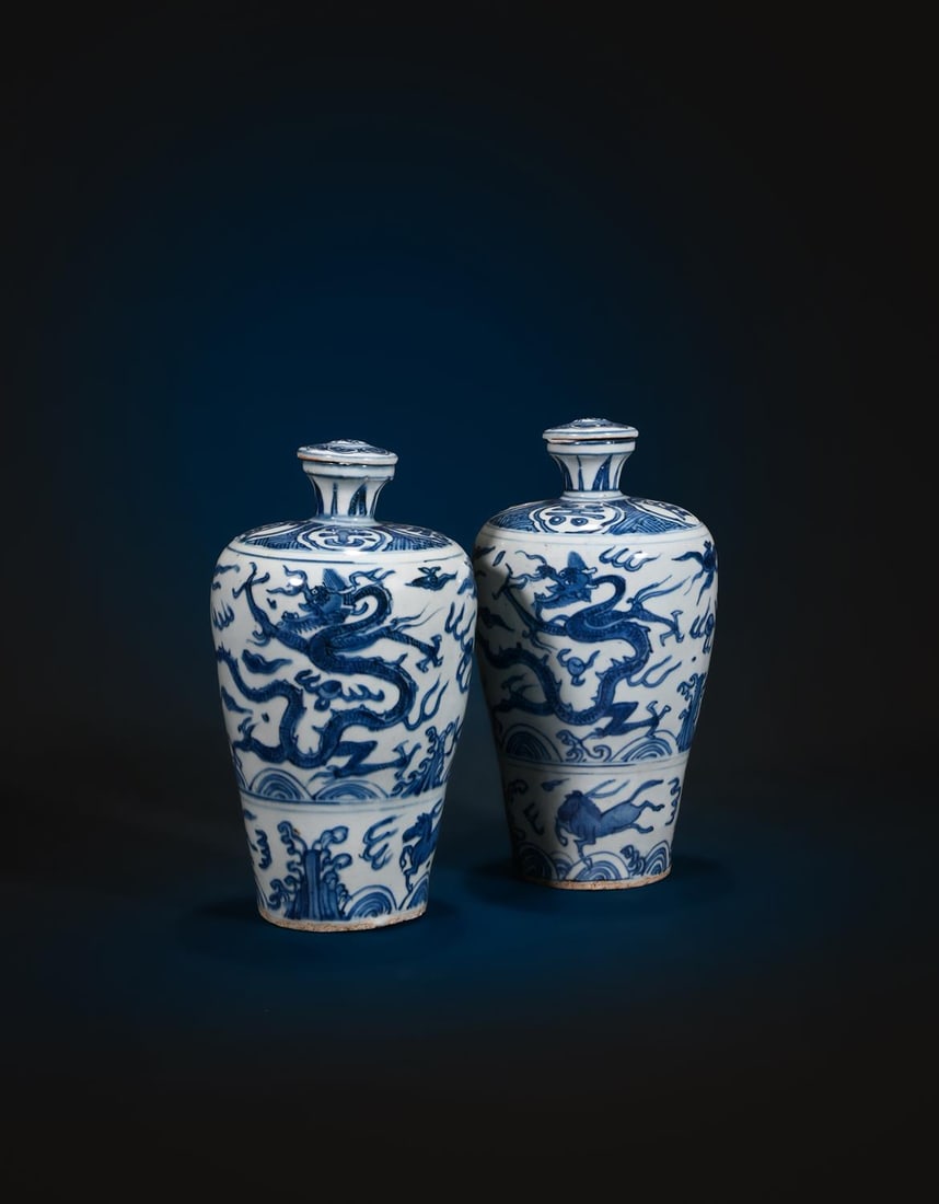 A rare and impressive pair of Chinese porcelain blue and white meiping vases