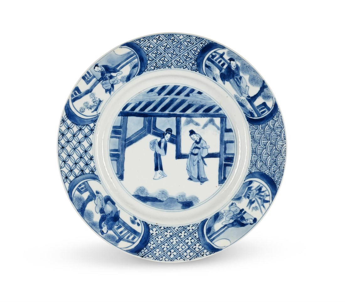 A Chinese porcelain blue and white 'Romance of the Western Chamber' plate
