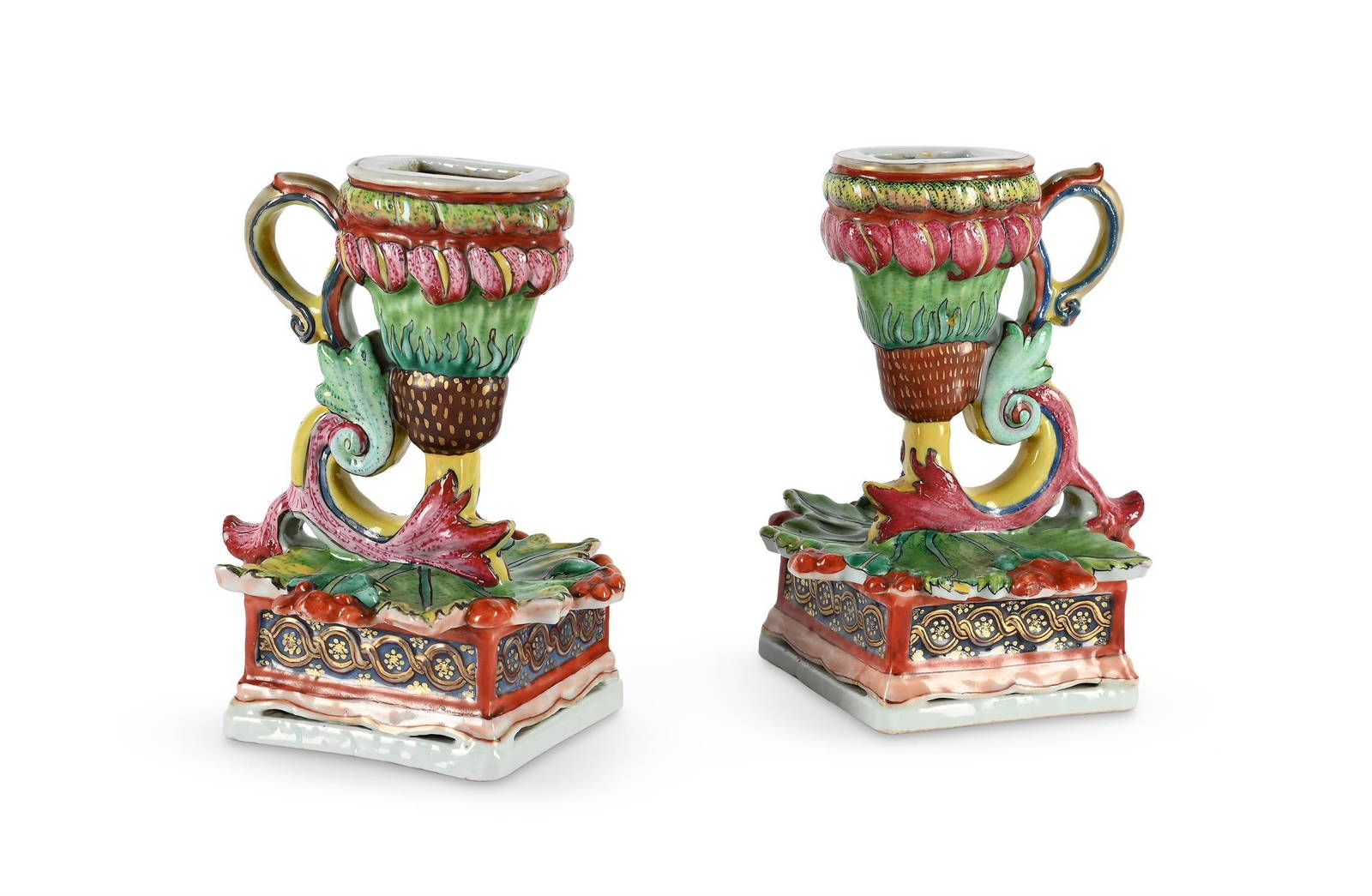 An rare pair of Chinese porcelain Famille Rose rococo candlesticks