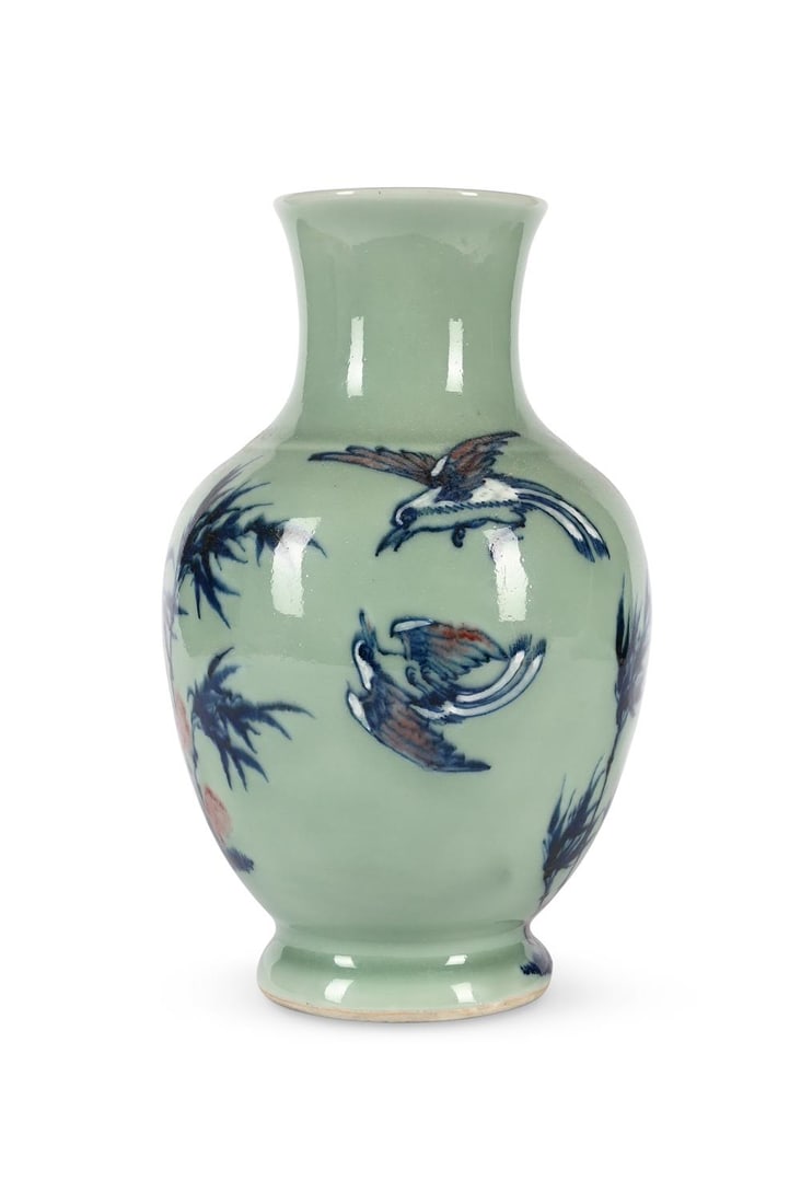 A Chinese celadon ground underglazed blue and red vase