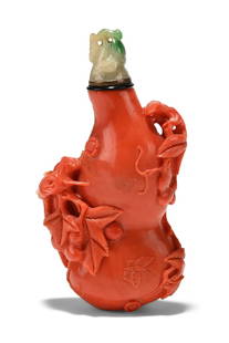 Y A Chinese carved coral 'Double gourd' snuff bottle: Y A Chinese carved coral 'Double gourd' snuff bottle, Daoguang, 19th century, the bottle and stopper carved to depict a double gourd with leafy tendrils, with butterflies and cicada clambering over th