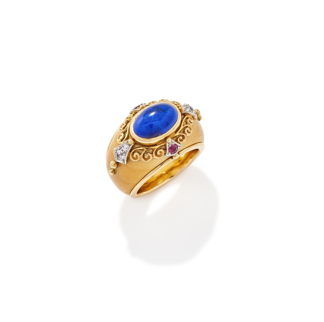 A LAPIS LAZULI, HOLLY WOOD, DIAMOND AND RUBY DRESS RING (1 of 3)