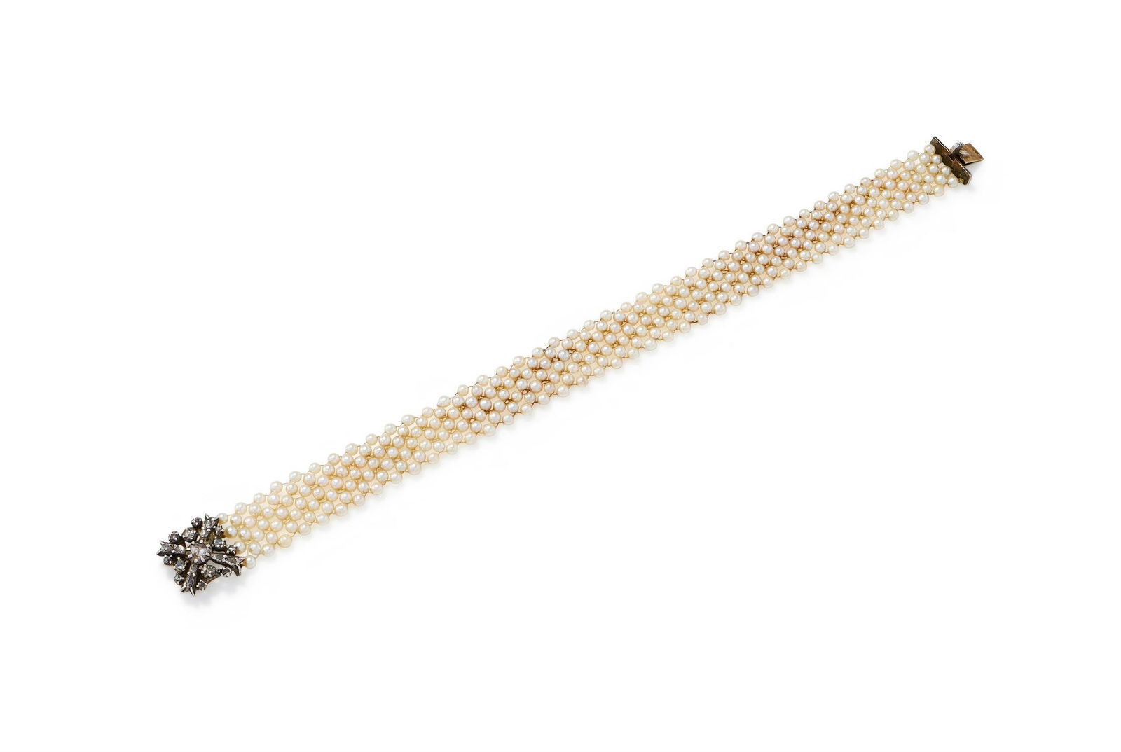 A SEED PEARL AND DIAMOND BRACELET: A SEED PEARL AND DIAMOND BRACELET 19TH CENTURY AND LATERThe woven seed pearl bracelet to a cross shaped clasp set with rose cut diamonds in closed back settings, composite, unmarked Size/dimensions: 1